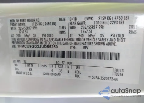 2018 Ford Escape Se z USA, uszkodzony, nr VIN 1FMCU9GD3JUD55250